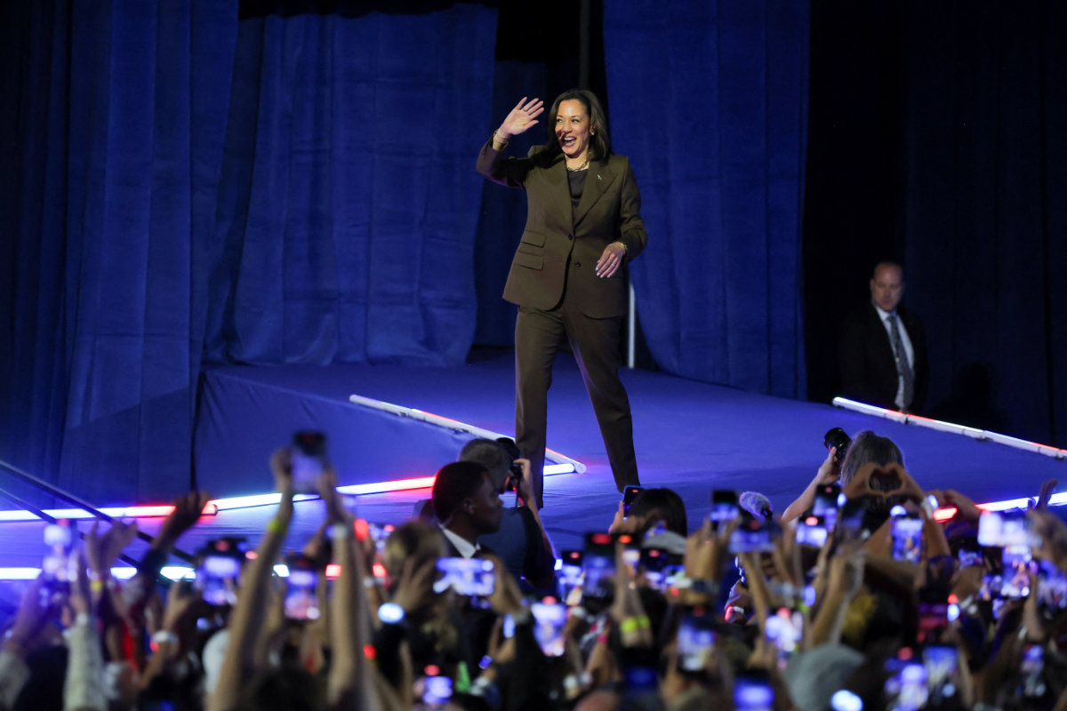 Democratic presidential nominee and US Vice President Kamala Harris gestures onstage during a campaign event, in Las Vegas, Nevada, on September 29, 2024. (REUTERS)
