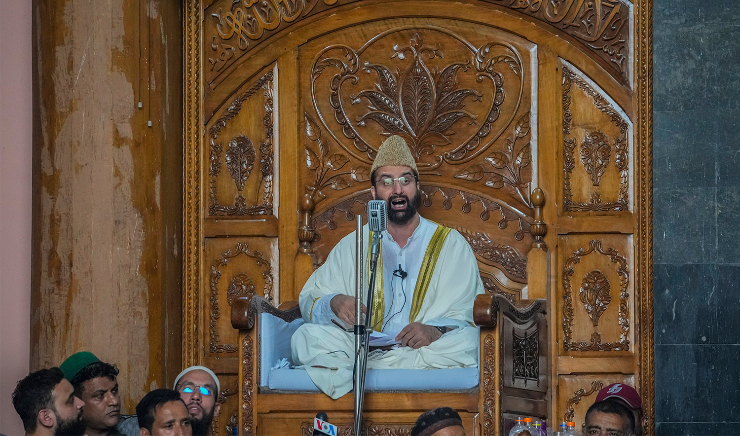 Top Kashmiri separatist leader Mirwaiz Umar Farooq delivers his speech inside the Jamia Masjid or Grand Mosque in Srinagar, Indian controlled Kashmir, on September 22, 2023. (AP)