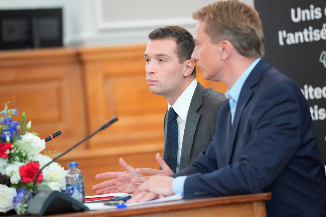 Morten Messerschmidt, chairman of the Danish People's Party, and Jordan Bardella, of the French party Rassemblement National, attend a press conference in the Danish Parliament, Christiansborg, in Copenhagen, Denmark, September 27, 2024. (Reuters)