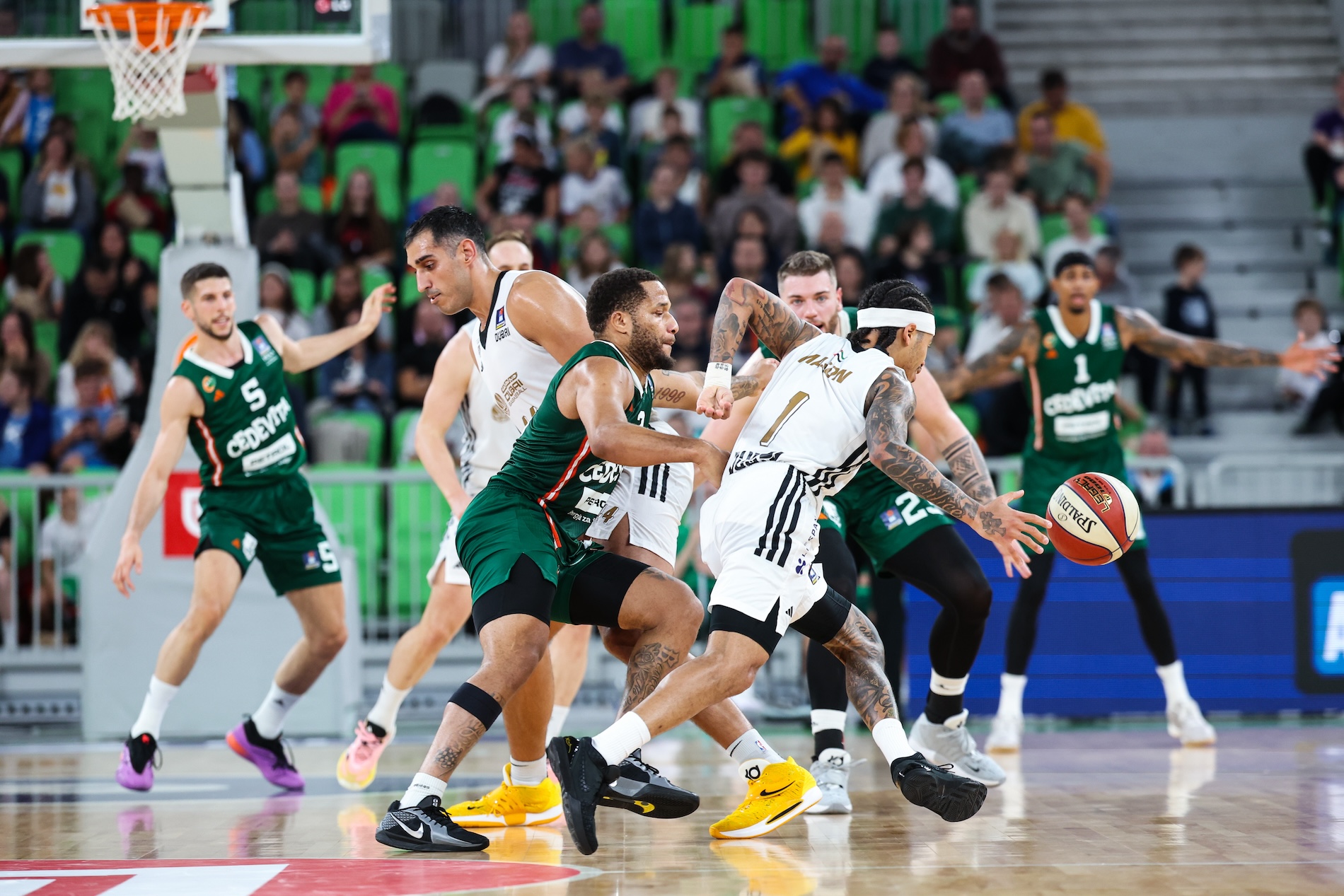 Dubai Basketball (in white) defeated Slovenia’s Cedevita Olimpija 92-84 on Sunday night (Supplied)
