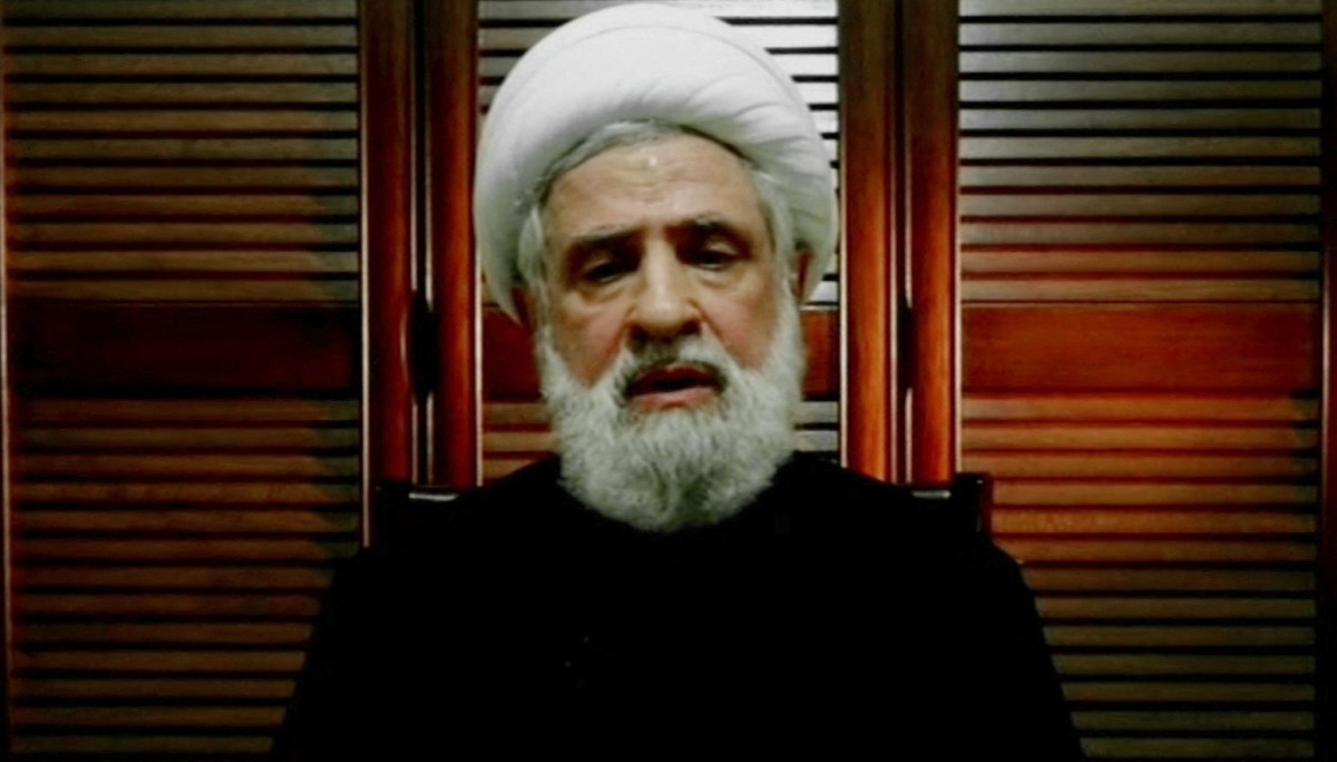 An image grab taken from Hezbollah's Al-Manar TV shows deputy chief Naim Qassem delivering a speech from an undisclosed location on September 30, 2024.(AFP)