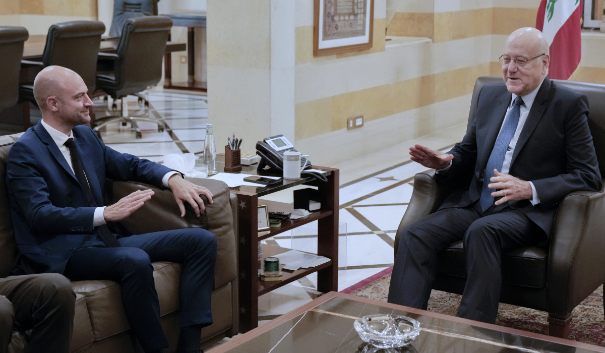 French Foreign Minister Jean-Noel Barrot, left, meets with Lebanese caretaker Prime Minister Najib Mikati in Beirut, Lebanon, Monday, Sept. 30, 2024. (AP)