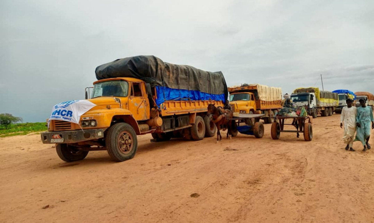 A handout image shows aid trucks with relief material for Sudan's Darfur region, at a location given as the border of Chad and Sudan, released on August 21, 2024. (Reuters)