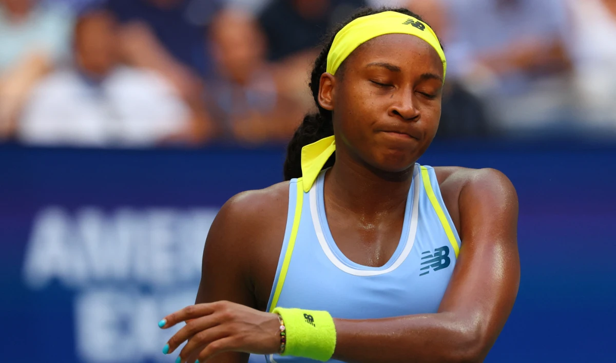 Coco Gauff of the U.S. grimaces after her loss to Emma Navarro of the U.S. in a round of 16 match. (Reuters)