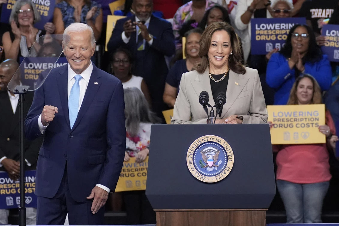 President Joe Biden, left, and Vice President Kamala Harris speak in Largo. (File/AP)