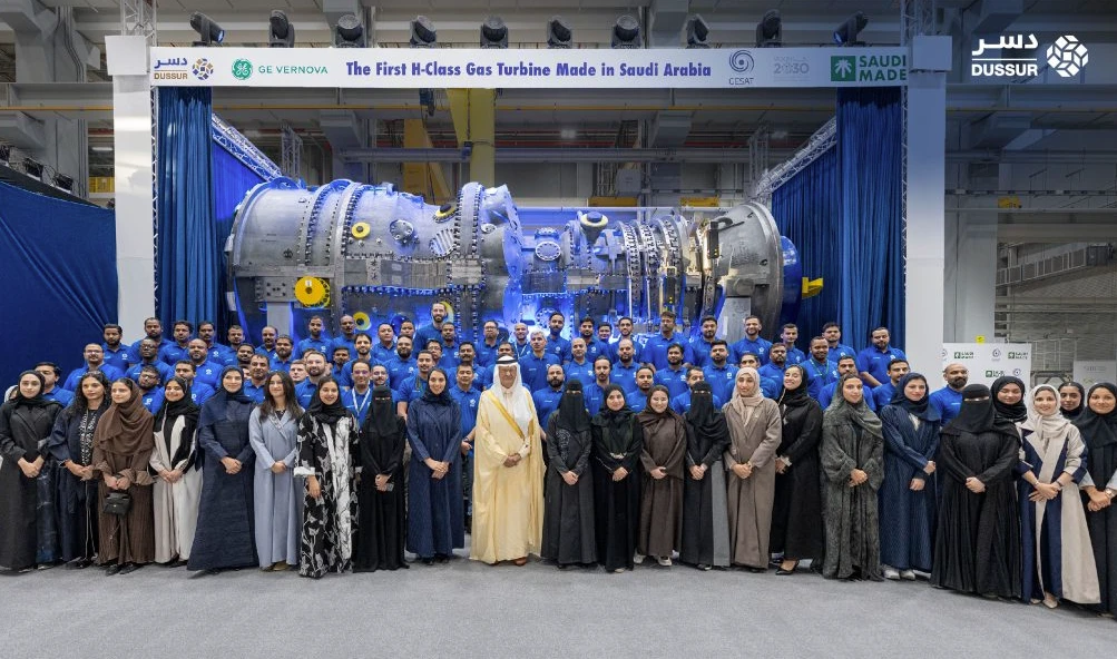 Minister of Energy Prince Abdulaziz bin Salman marking the successful rollout of the first H-class gas turbine unit made in Saudi Arabia at the GE Saudi Advanced Turbines factory in July. File/Supplied