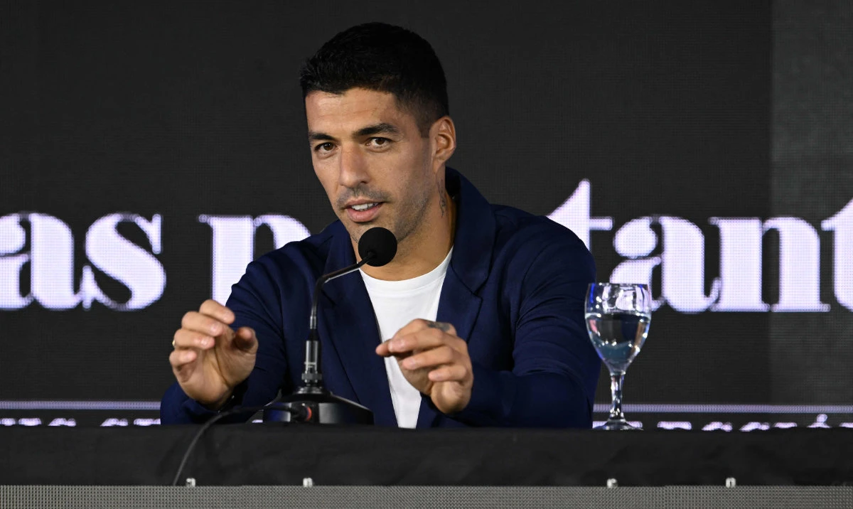 Uruguay's forward Luis Suarez speaks during a press conference at the Centenario Stadium in Montevideo on September 2, 2024. (AFP)