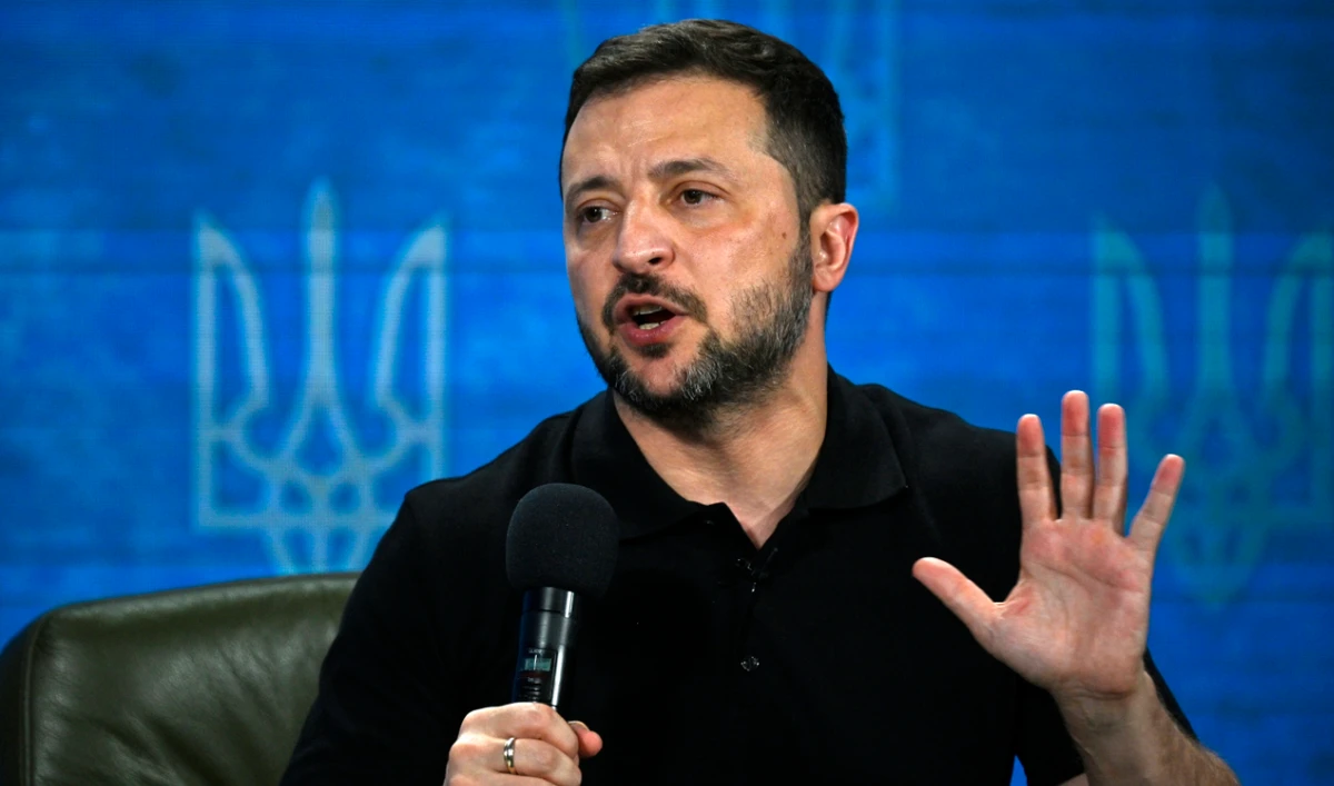 Ukraine's President Volodymyr Zelensky gestures as he speaks during a joint press conference in Kyiv, on August 27, 2024. (AFP)