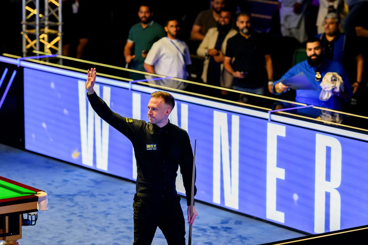 Judd Trump celebrates reaching the final of the Saudi Arabia Snooker Masters in Riyadh. (Supplied)