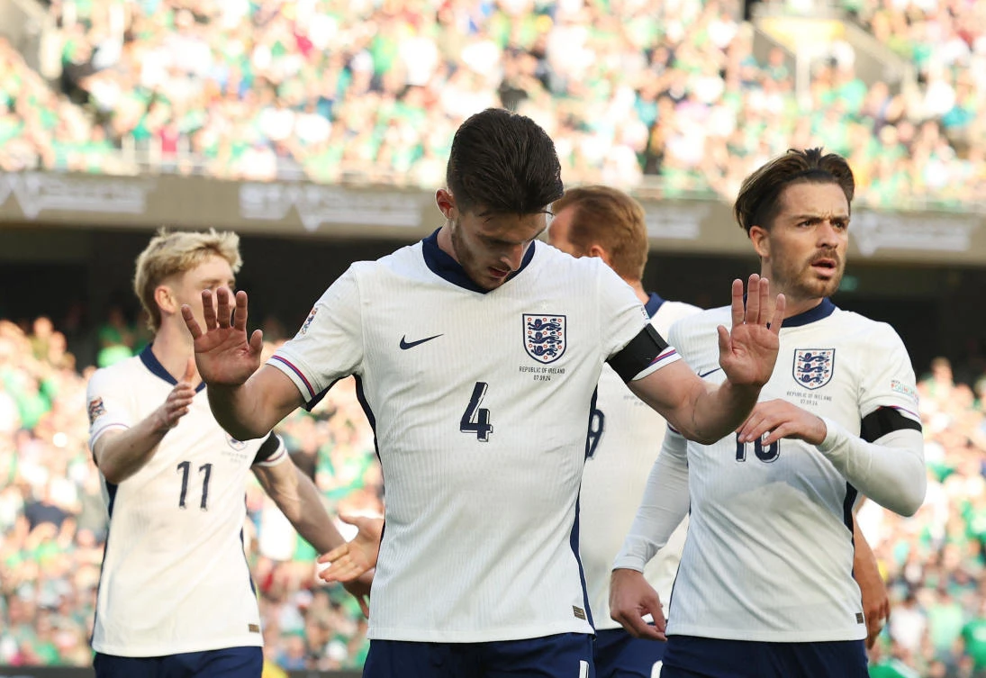 England’s Declan Rice celebrates scoring their first goal with Jack Grealish during their Nations League — League B — Group 2 — match against Republic of Ireland at Aviva Stadium, Dublin, on Sept. 7, 2024. (Reuters)