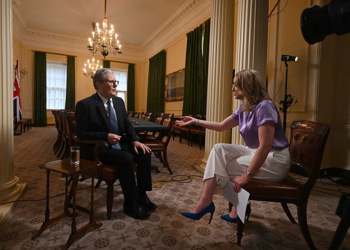 Britain’s PM Keir Starmer can be seen during a recording inside 10 Downing Street for his appearance on the BBC’s “Sunday Morning” political TV show with journalist Laura Kuenssberg. (AFP)