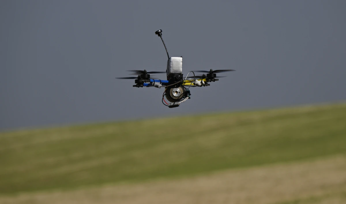 This photograph shows a first-person view (FPV) drone operated by Ukrainian servicemen of the Tactical Group Medoyid (Honey Badger) during a flight training at an undisclosed location on August 23, 2024. (AFP/File)