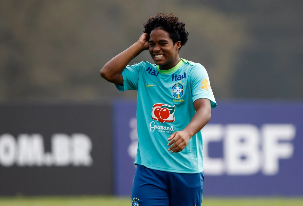 Brazil’s Endrick during training ahead of the World Cup South American Qualifiers match Tuesday against Paraguay, in which the 18-year-old is expected to start in Asuncion. (Reuters)
