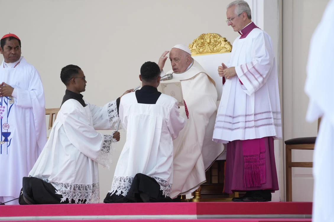 Pope Francis presides over a votive mass of the Blessed Virgin Mary Queen in Tasitolu, west of Dili, East Timor on Sept. 10, 2024. (AP)