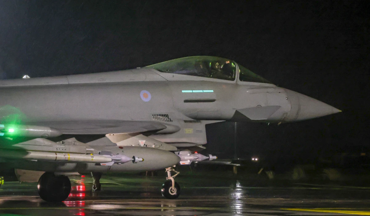In this image provided by the UK Ministry of Defence, a Royal Air Force Typhoon FGR4 takes off to carry out air strikes against Houthi military targets in Yemen, from RAF Akrotiri, Cyprus, Monday, Jan. 22, 2024. (AP file photo)