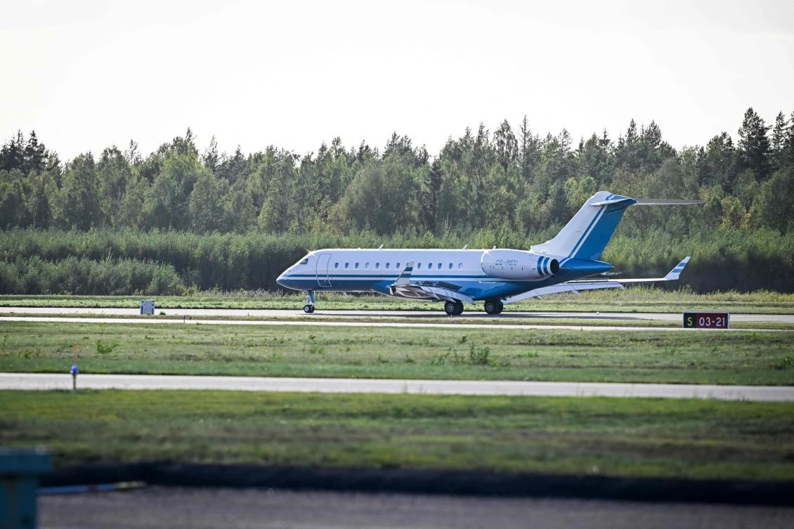 The private jet of English former football player David Beckham lands at the Karlstad airport, in Karlstad, Sweden on September 12, 2024, one day prior to late Swedish soccer coach Sven-Goran Eriksson’s funeral service. (AFP)