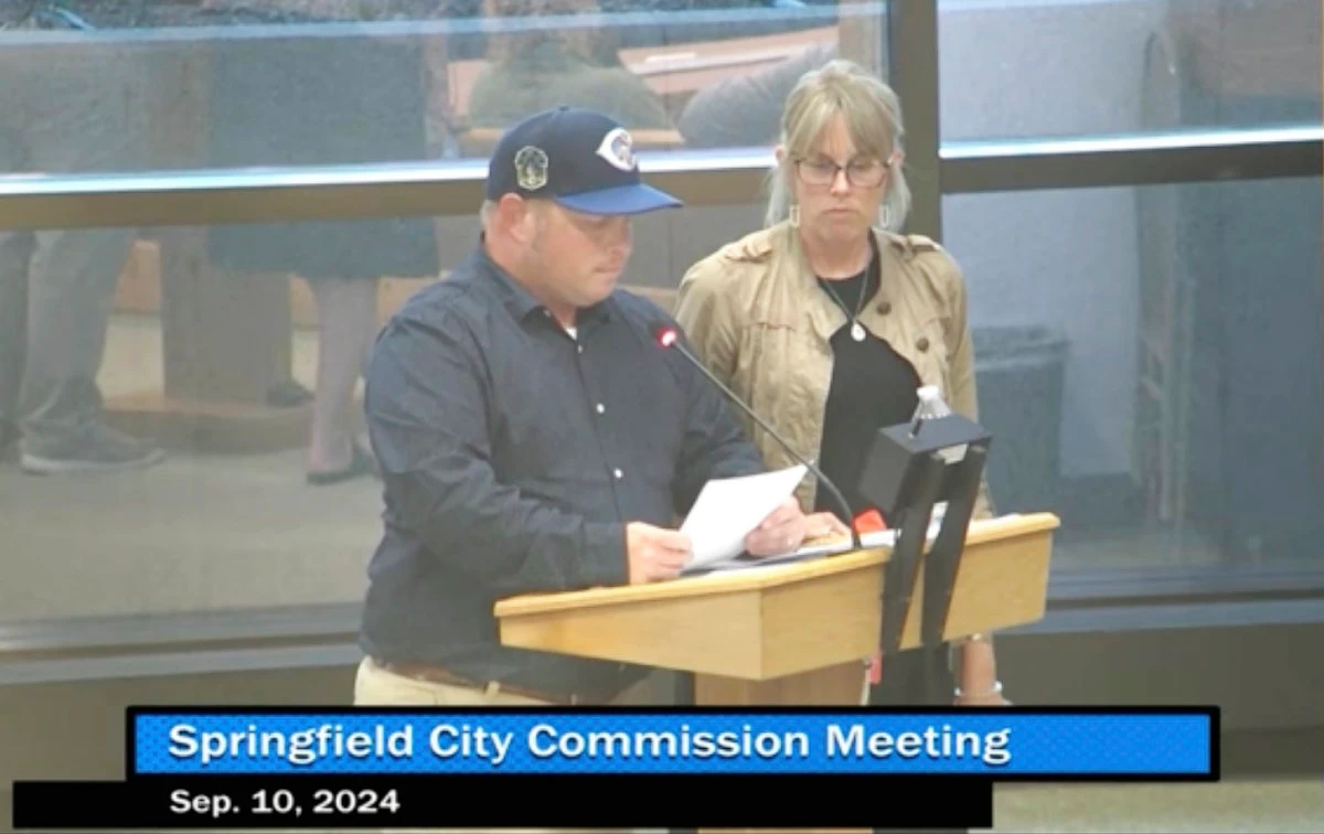 This image made from video released by the City of Springfield shows Nathan Clark, father of Aiden Clark, speaking at a City Commission meeting, on Sept. 10, 2024 in Springfield, Ohio. (City of Springfield via AP)