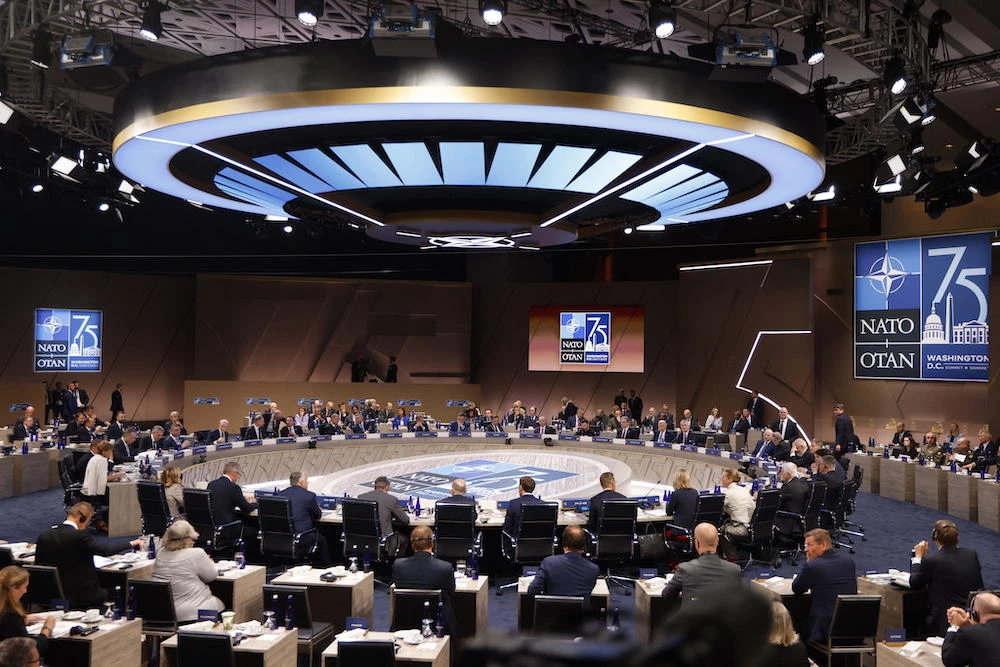 NATO leaders attend the NATO-Ukraine Council during the NATO 75th anniversary summit at the Walter E. Washington Convention Center in Washington, DC, on July 11, 2024. (AFP)