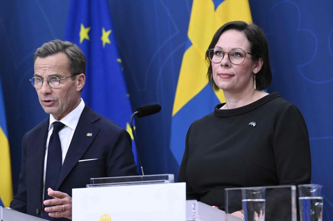 Sweden’s Prime Minister Ulf Kristersson delivers a press conference with newly appointed foreign minister Maria Malmer Stenergard, in Stockholm, Sweden, on September 10, 2024. (AFP)