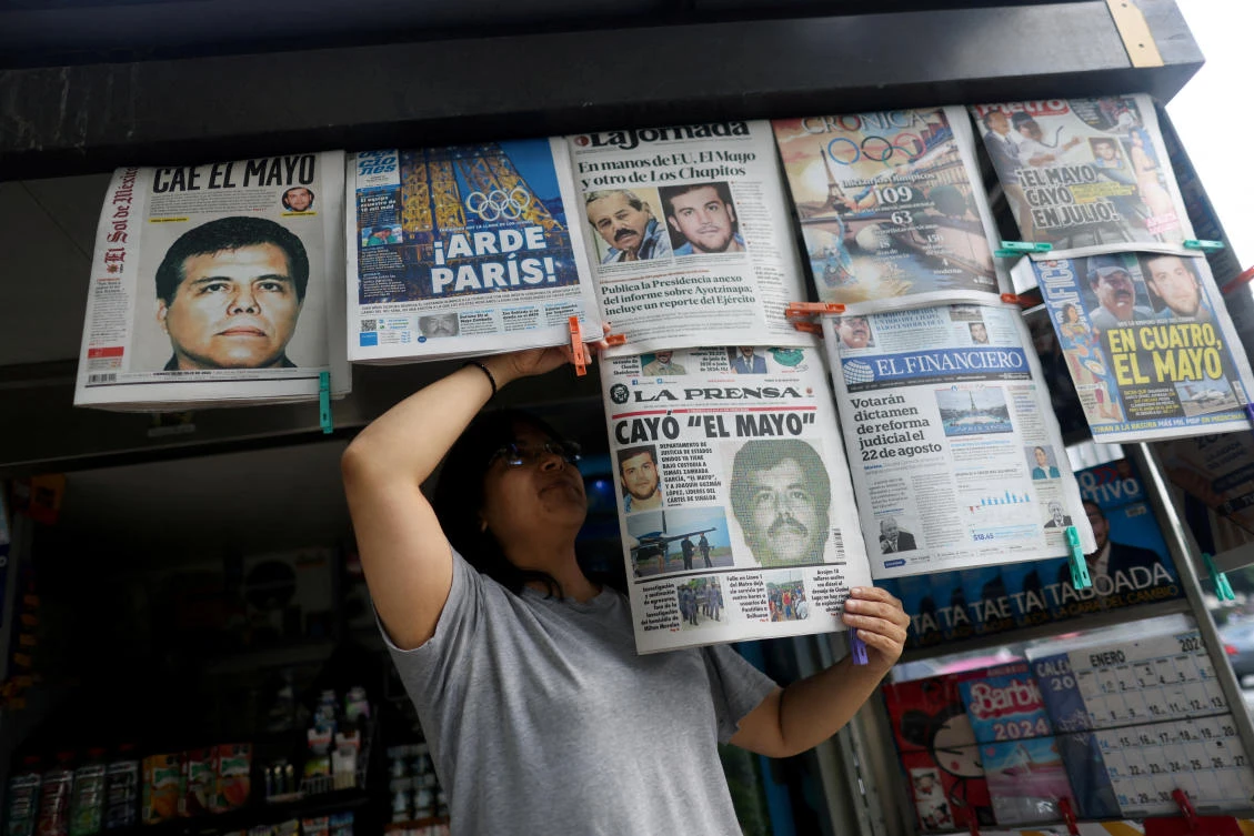 Above, newspaper reporting the arrest of Mexican drug lord Ismael ‘El Mayo’ Zambada andJoaquin Guzman Lopez, son of Joaquin ‘El Chapo’ Guzman in Mexico City, Mexico on July 26, 2024. (Reuters)