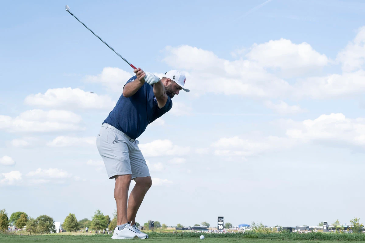 Captain Jon Rahm, of Legion XIII, hits from the 16th tee during the second round of LIV Golf Chicago at Bolingbrook Golf Club, Saturday, Sept. 14, 2024, in Bolingbrook, Ill. (AP)