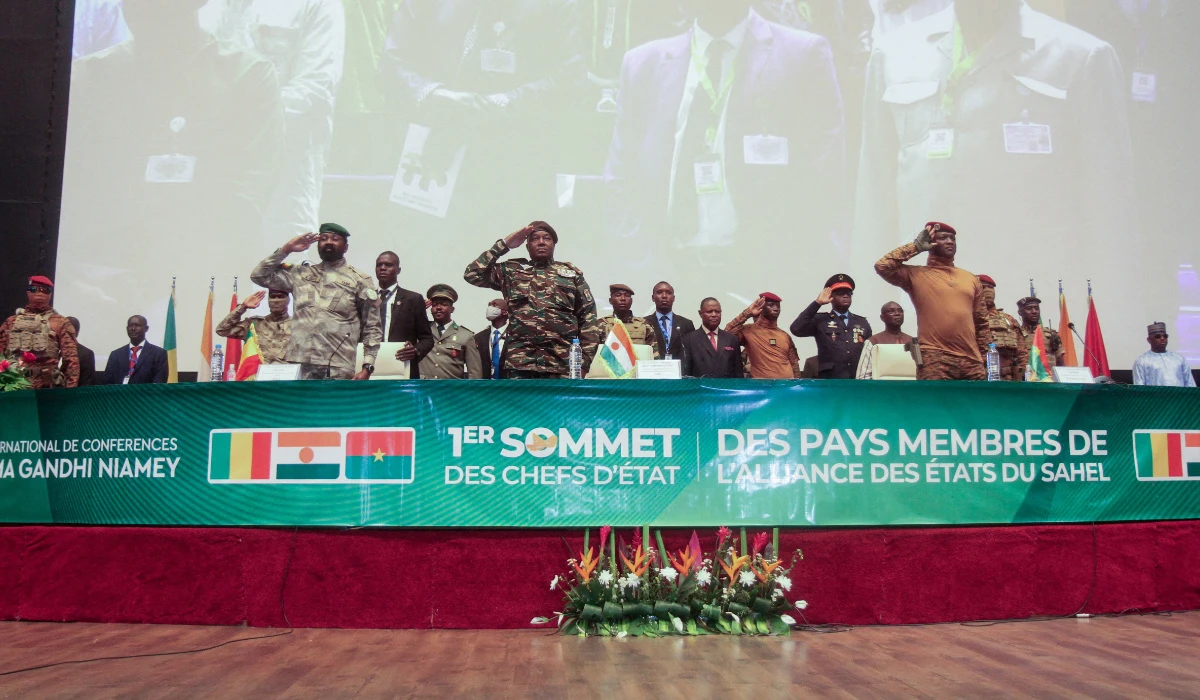 Heads of state of Mali's Assimi Goita, Niger's General Abdourahamane Tiani and Burkina Faso's Captain Ibrahim Traore attend the opening of for the first ordinary summit of heads of state and governments of the Alliance of Sahel States (AES) in Niamey, Niger July 6, 2024. (REUTERS)
