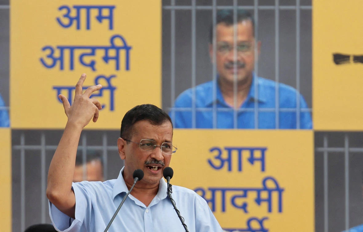 Delhi Chief Minister Arvind Kejriwal addresses supporters and members of the Aam Aadmi Party (AAP) at the party’s headquarters in New Delhi, India, on Jun. 2, 2024. (Reuters/File)