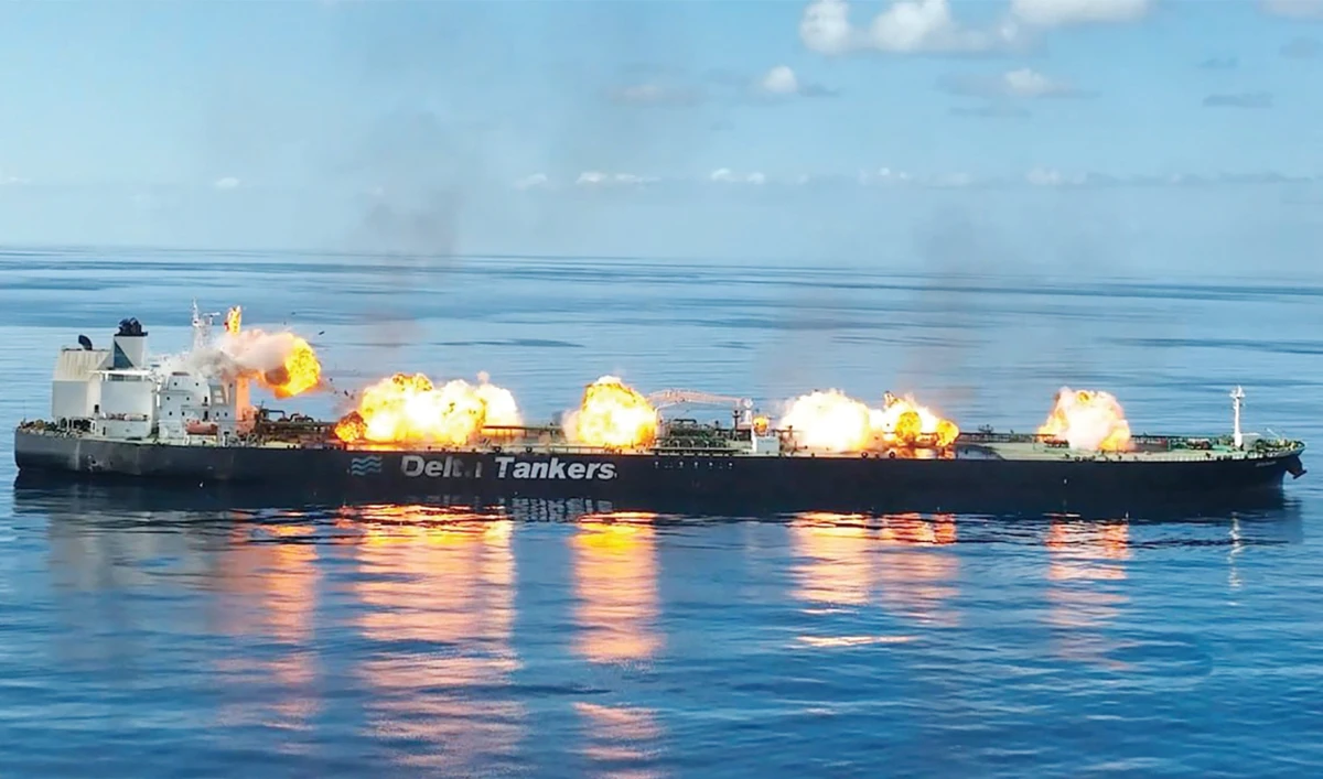 The Greek-flagged oil tanker MV Sounion was struck by Houthi missiles near Yemen’s Red Sea coast on Aug. 21, before militants boarded the vessel on Aug. 29 and detonated explosives, causing fires on board. (AFP/Ansarullah Media Center)