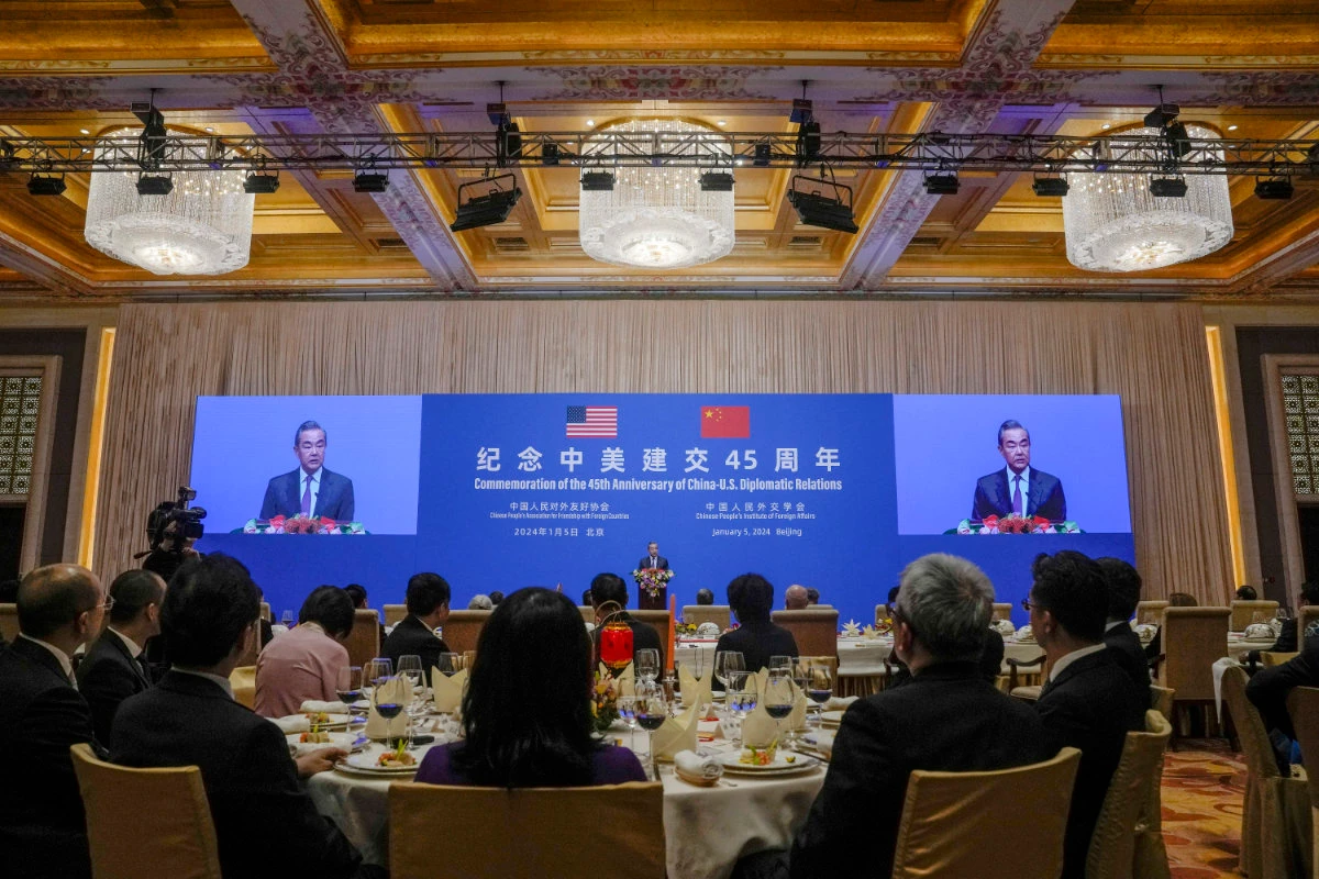 Chinese Foreign Minister Wang Yi delivers a speech at a reception to commemorate the 45th anniversary of China-US diplomatic relations at the Diaoyutai Guest House in Beijing on January 5, 2024. (AFP/File)