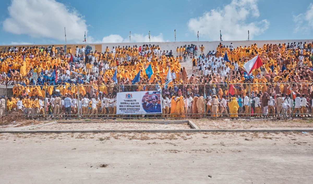 Demonstrators gather in a stadium during a demonstration in support of Somalia's government following the port deal signed between Ethiopia and the breakaway region of Somaliland at Eng Yariisow Stadium in Mogadishu on January 3, 2024. (AFP/File)
