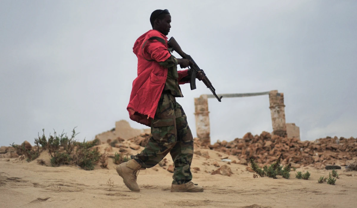 A member of the Somali security forces patrols along the coast of Qaw, in Puntland, northeastern Somalia. (AFP file photo)