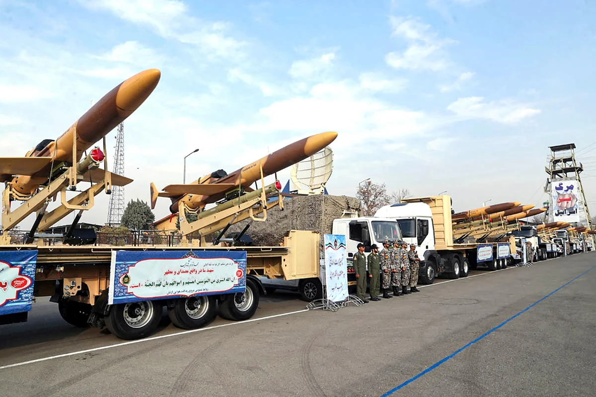 A handout picture provided by the Iranian Army office on December 10, 2023, shows Iranian homemade Karrar drones in Tehran. (AFP)