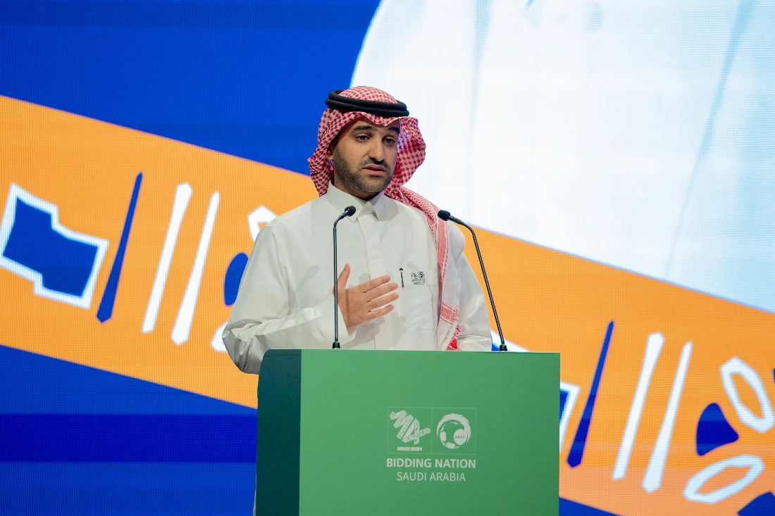 Hammad Albalawi, head of the Saudi Arabian Football Association’s FIFA World Cup 2034 bid, delivers a speech. (Supplied)
