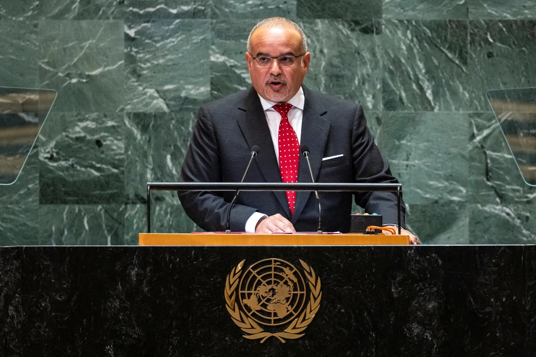 Bahrain's Crown Prince and Prime Minister Salman bin Hamad Al Khalifa speaks during the 79th Session of the United Nations General Assembly at the United Nations headquarters in New York City. (AFP)