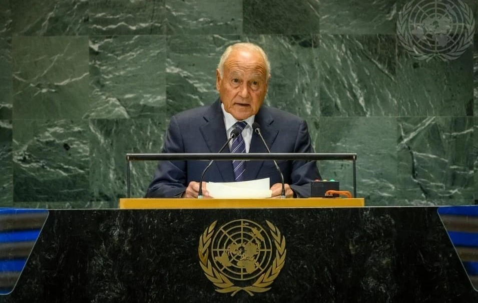Ahmed Aboul Gheit addresses UNGA97 in New York. (X/@arableague_gs)