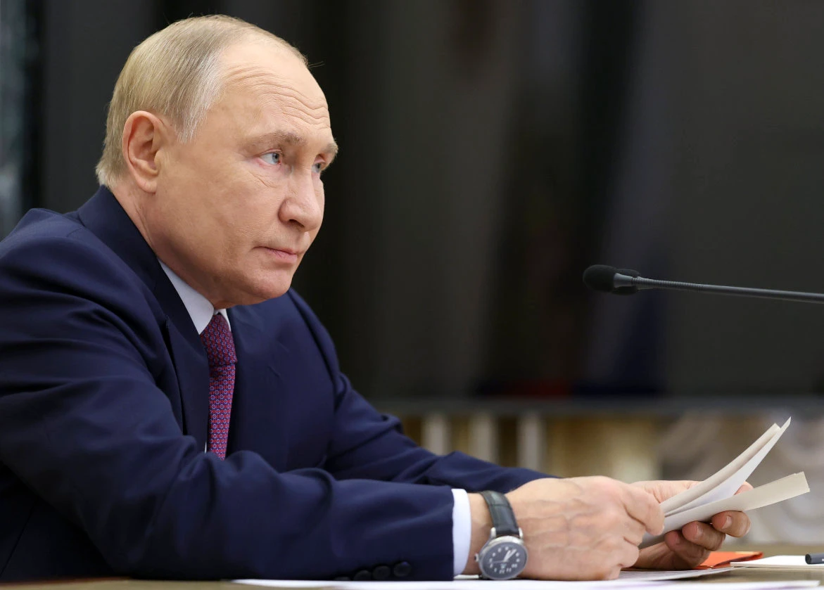 Russian President Vladimir Putin leads the Security Council meeting on nuclear deterrence at the Kremlin in Moscow, Russia, Wednesday, Sept. 25, 2024. (AP)