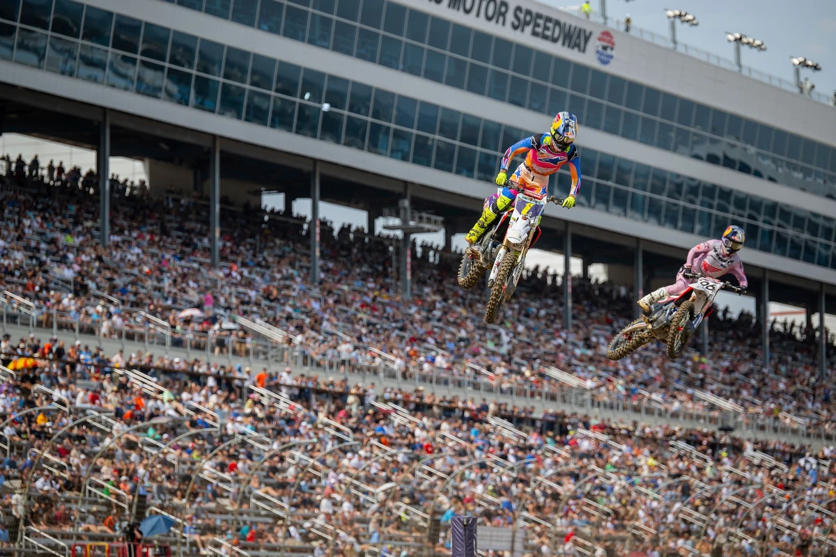 In this photo provided by Align Media, Jett Lawrence, left, and Hunter Lawrence are shown at the SuperMotocross championship in Fort Worth, Texas Sept. 14, 2024. (Align Media via AP)