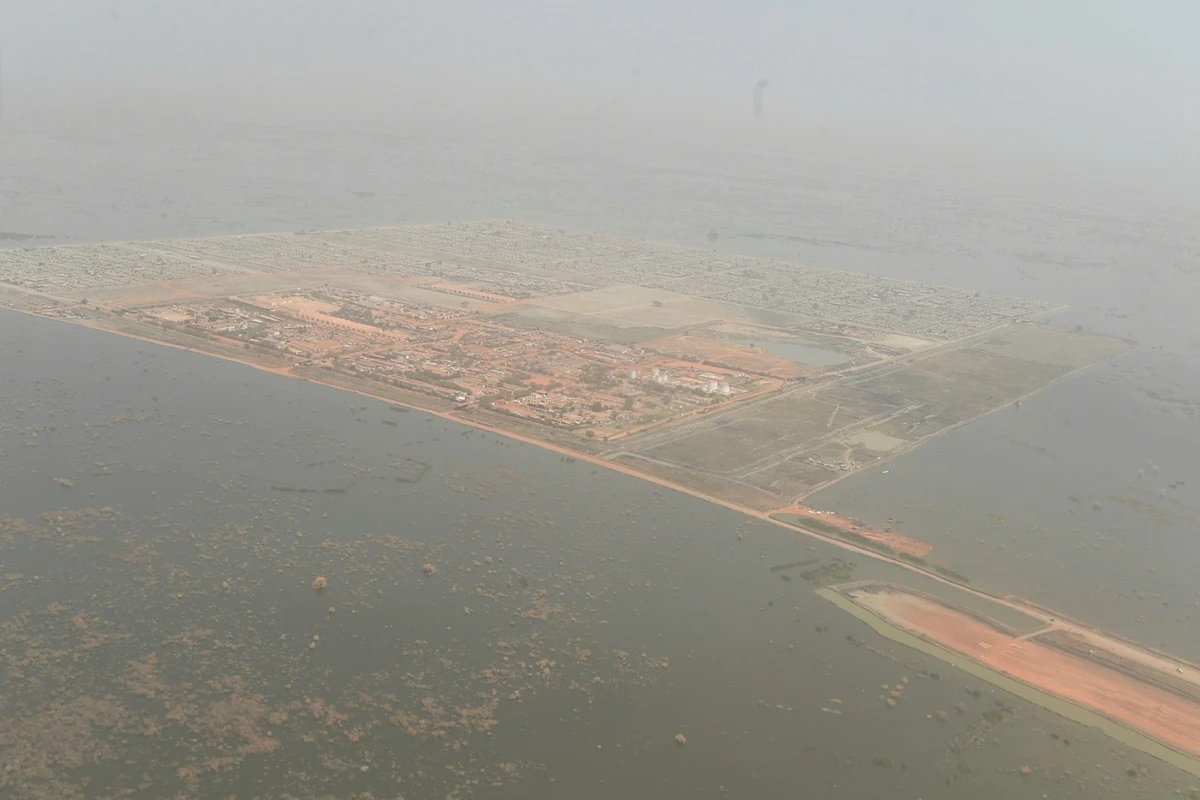 This aerial view shows Bentiu surrounded by flooded water on February 10, 2023. Four straight years of flooding, an unprecedented phenomenon linked to climate change, has swamped two-thirds of South Sudan but nowhere more dramatically than Bentiu (AFP)
