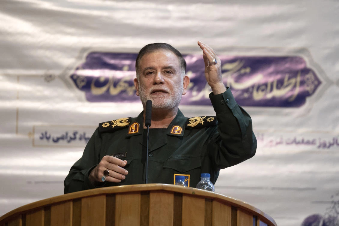 In this photo provided by Fars News Agency, Iranian Revolutionary Guard Gen. Abbas Nilforushan addresses a meeting in Tehran, Iran, Feb. 5, 2024. Nilforushan died in an Israeli airstrike that killed Hezbollah leader Hassan Nasrallah in Beirut, Iranian media reported Saturday. (Fars News Agency via AP)