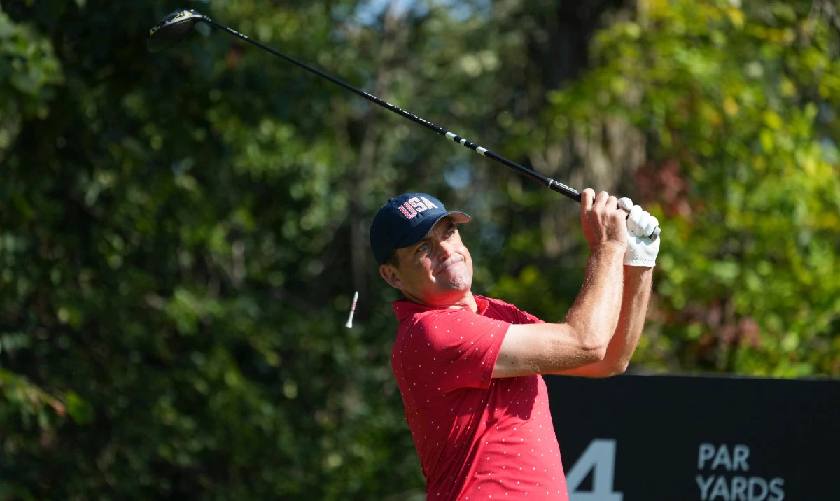 United States team member Keegan Bradley hits from the fourth tee during a fifth-round singles match at the Presidents Cup golf tournament at Royal Montreal Golf Club, Sunday, Sept. 29, 2024, in Montreal. (AP)