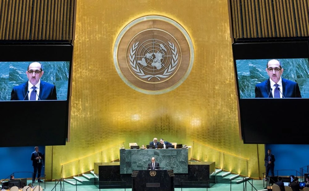 Syrian Foreign and Expatriates Minister Bassam Al-Sabbagh addresses the 79th United Nations General Assembly at UN headquarters in New York, US, Sept. 30, 2024. (Reuters)