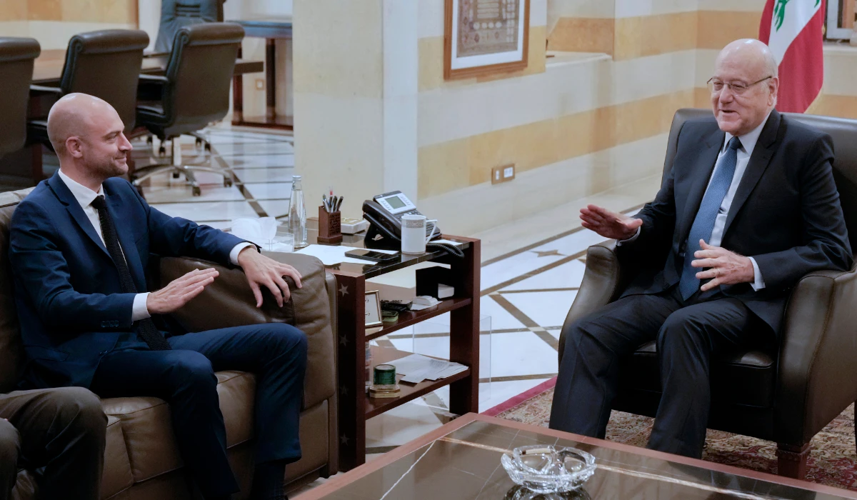 French Foreign Minister Jean-Noel Barrot, left, meets with Lebanese caretaker Prime Minister Najib Mikati in Beirut, Lebanon, Monday, Sept. 30, 2024. (AP)