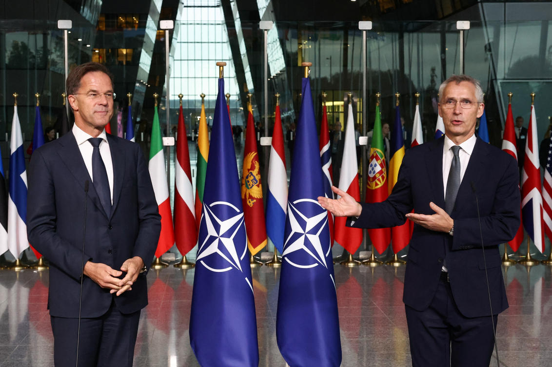 Former Dutch Prime Minister Mark Rutte and Jens Stoltenberg give a press statement on the day Rutte succeeds Stoltenberg as NATO Secretary General, at the Alliance headquarters in Brussels, Belgium October 1, 2024. (Reuters)