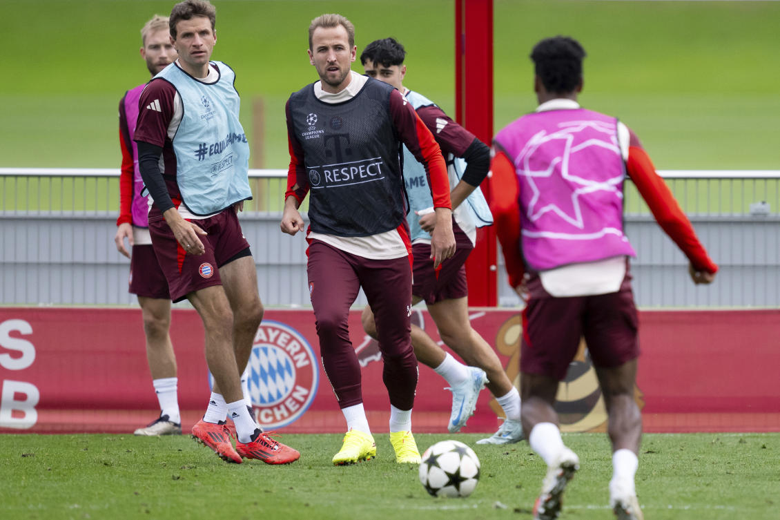 Bayern Munich’s Harry Kane attends a training session ahead of Wednesday’s Champions League opening phase match against Aston Villa, in Munich, on Oct. 1, 2024. (AP)