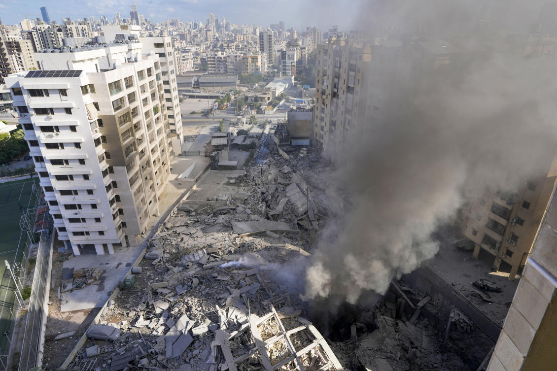 Smoke rises from the site of an Israeli airstrike in Dahiyeh, Beirut, Lebanon. (AP)