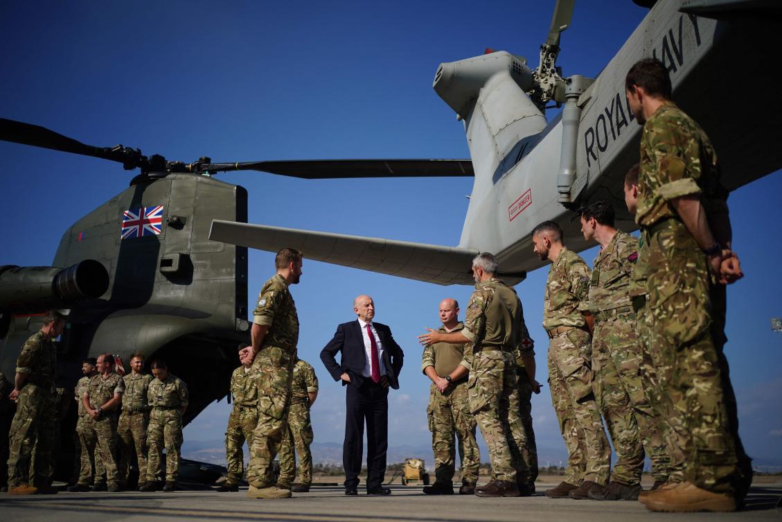 Britain’s Defense Secretary John Healey visits Joint Forces service personnel at RAF Akrotiri near Limassol on the Mediterranean island of Cyprus on October 2, 2024. (AFP)