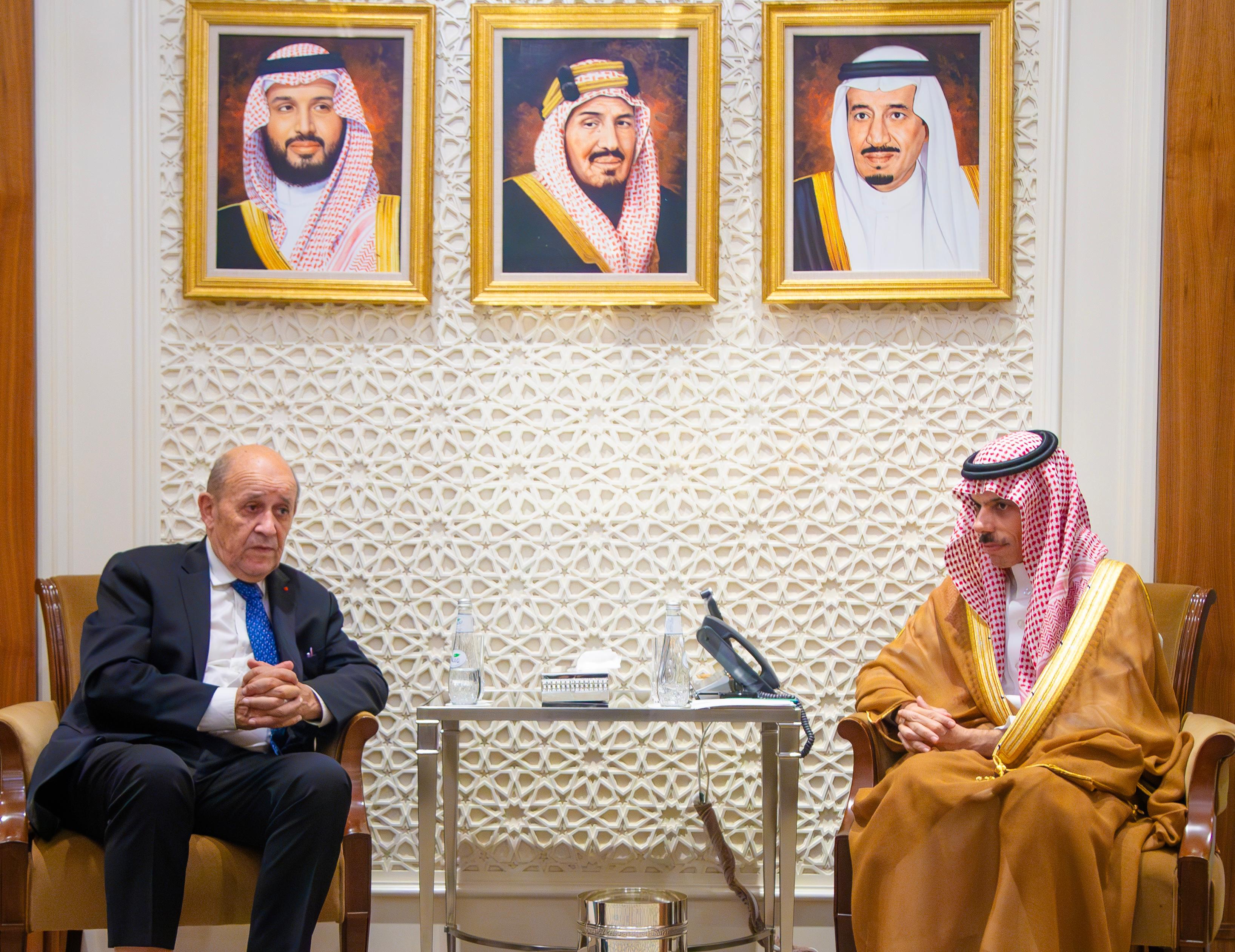 Saudi Foreign Minister Prince Faisal bin Farhan receives the French President’s Special Envoy to Lebanon Jean-Yves Le Drian in Riyadh on Wednesday. (SPA)
