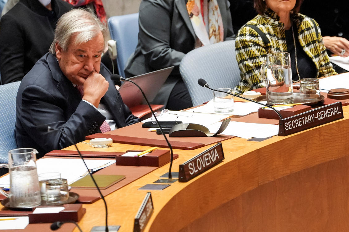 United Nations Secretary-General Antonio Guterres listens to the United Nations Security Council meeting, following a ballistic missile attack on Israel, at UN headquarters in New York City on Wednesday. (Reuters)