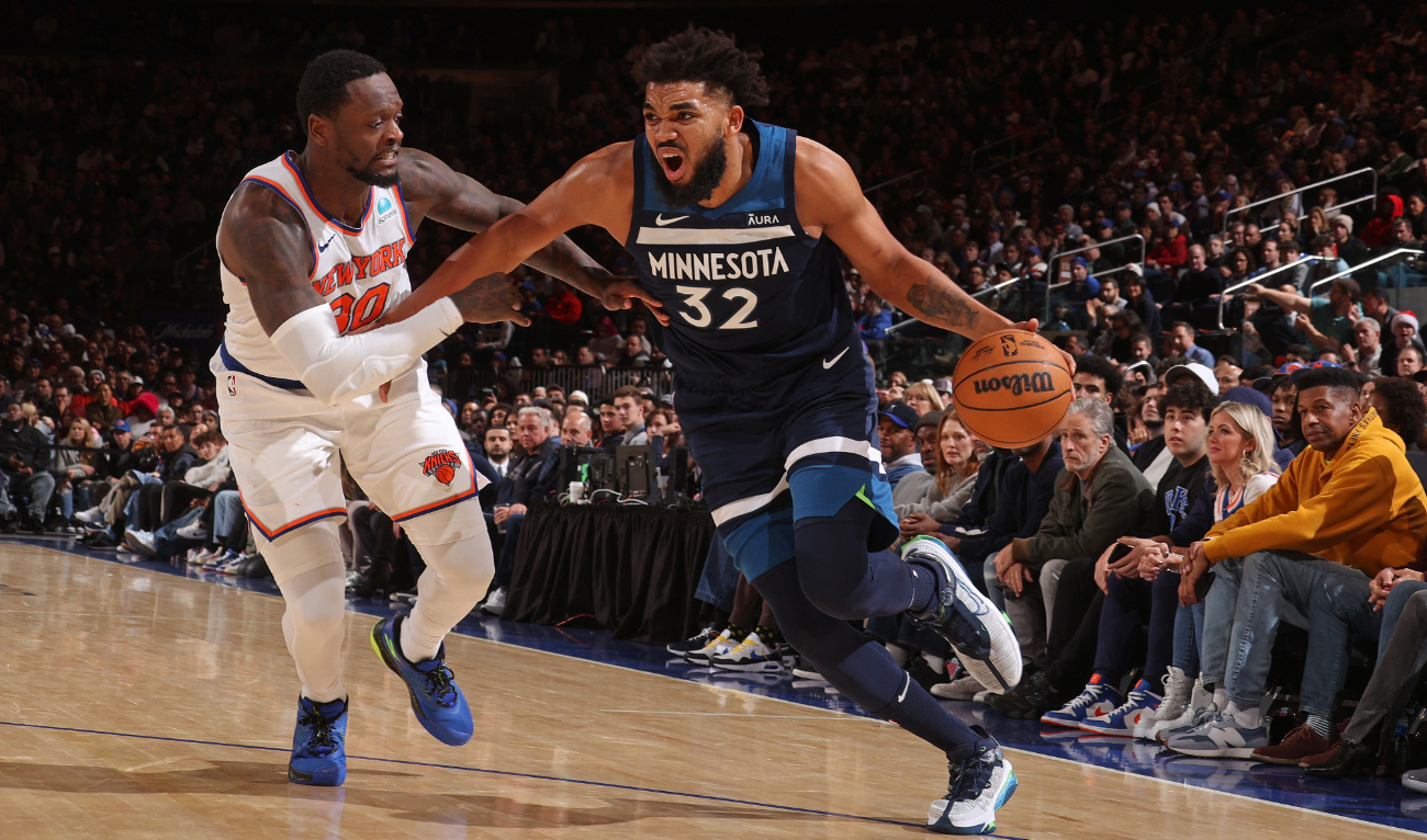 Karl-Anthony Towns was traded from the Minnesota Timberwolves to New York, which in return sent Julius Randle to T-wolves in a three-team NBA trade on Wednesday that also saw the Knicks obtain the draft rights to James Nnaji from the Charlotte Hornets. (File/AFP)