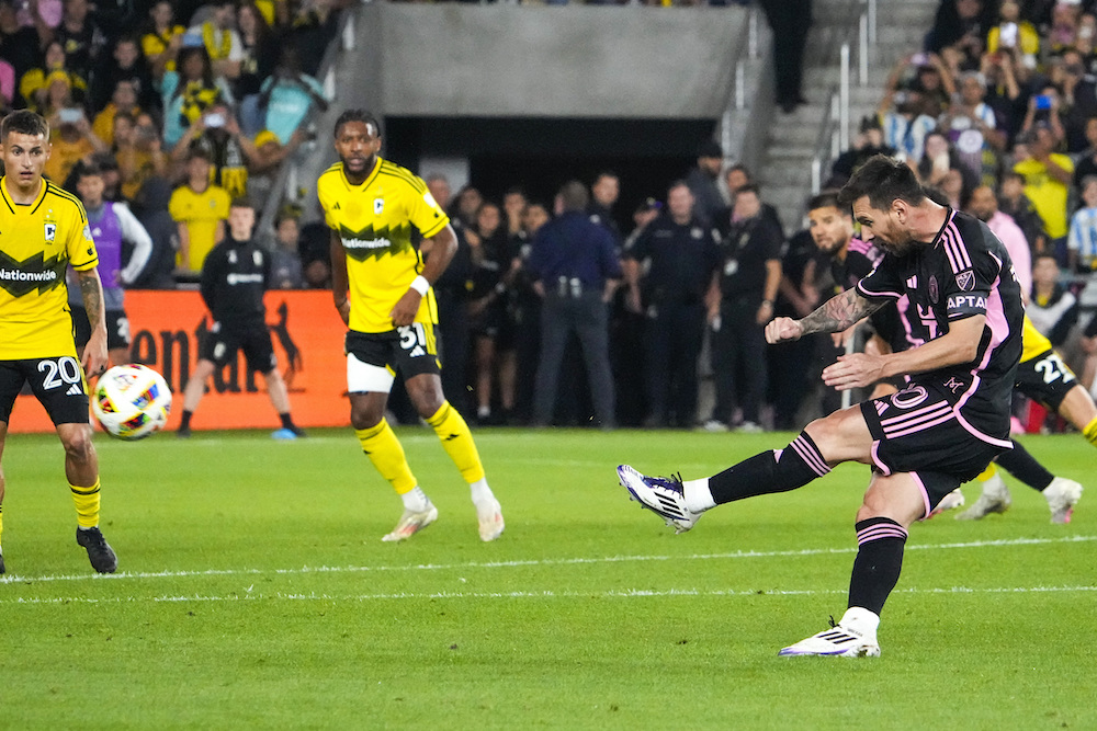Inter Miami CF forward Lionel Messi shoots and scores a goal in the first half during the match against Columbus Crew at Lower.com Field Wednesday. (USA TODAY Sport)